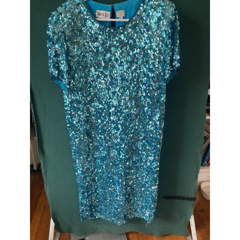 XL Blue Silk Sequin Cocktail Dress AMAZING 90s Mini party attire